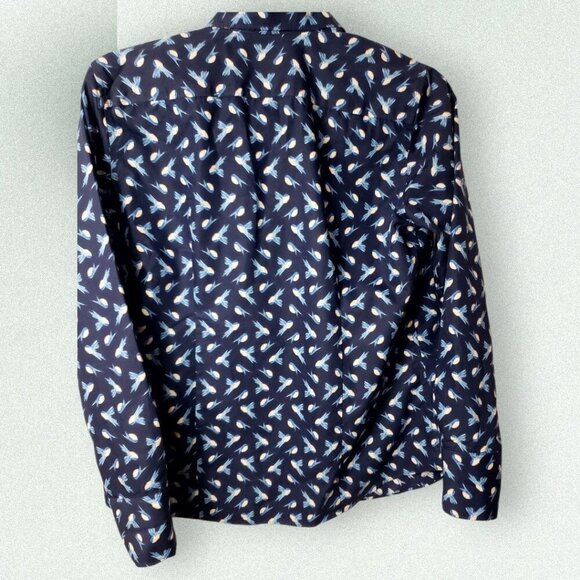 Lands End Button-Down Shirt Blue Supima & White Bird Print Long Sleeve 6Petite - Picture 2 of 9